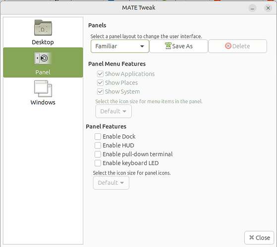 "MATE Tweak" window -> "Panel" button
