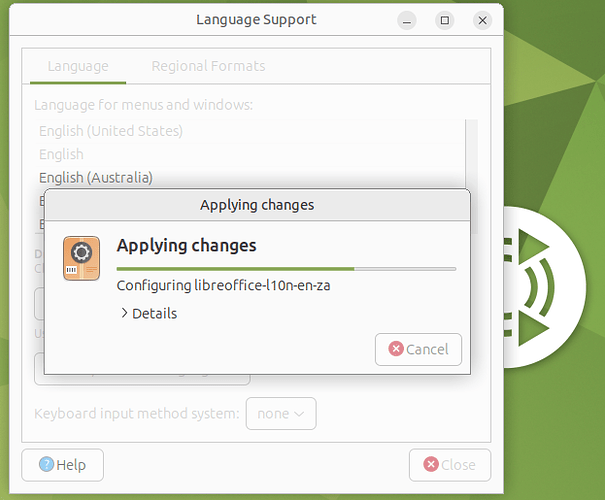 The language support is not installed completely - Applying changes