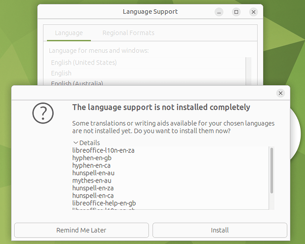 Screenshot of the window The language support is not installed completely