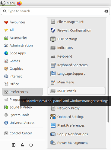 Ubuntu MATE menu -> Preferences -> MATE Tweak