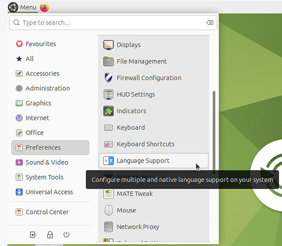 Screenshot of Ubuntu MATE Menu -  Preferences - Language Support