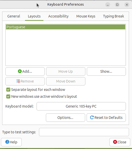 Keyboard Preferences window - Layouts tab