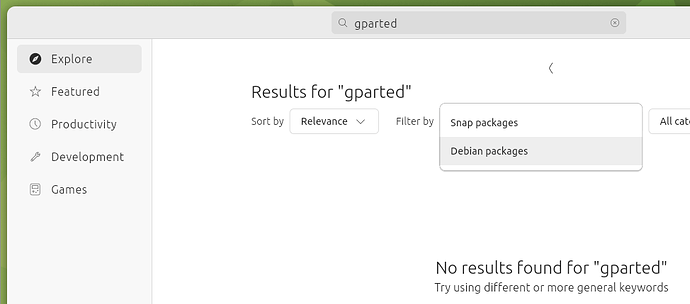 Screenshot of App Center taken while changing the "Filter by" dropdown list from "Snap packages" to "Debian packages"
