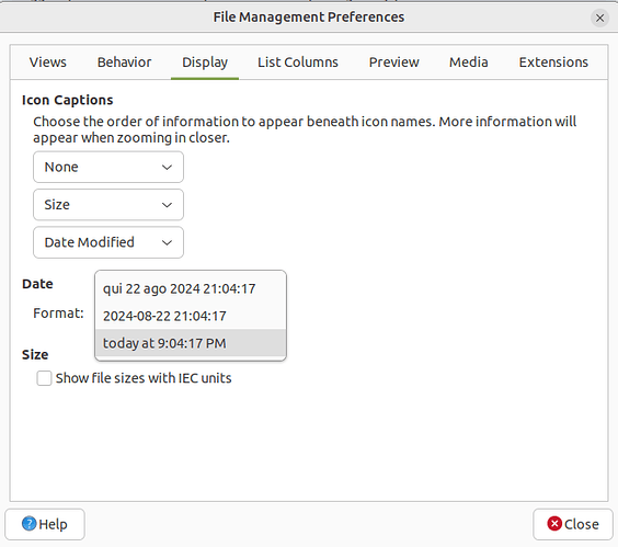 Caja - File Management Preferences window - Date Format