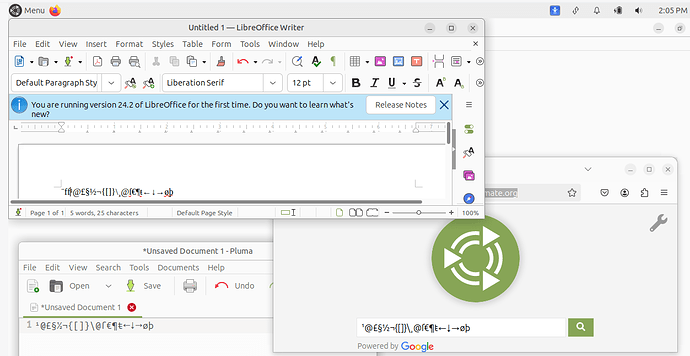 Screenshot of Ubuntu MATE 2024 04 Noble Numbat testing ALT GR key combinations in Pluma,  LibreOffice Writer and Mozilla Firefox
