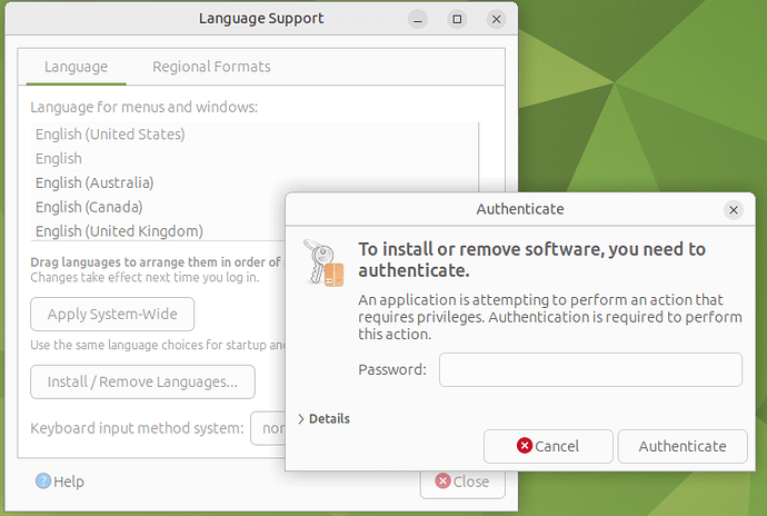 The language support is not installed completely - Password prompt