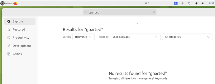 Screenshot of App Center search for gparted in Snap packages