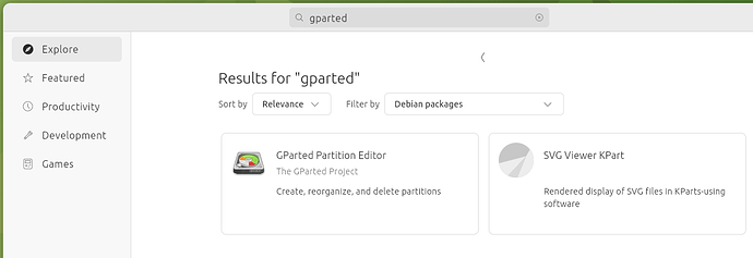 Screenshot of App Center showing results for gparted when Filter By is set to Debian packages