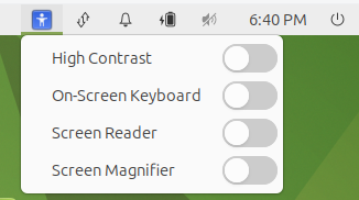 Screenshot of the expanded accessibility context menu with the "On-Screen Keyboard" disabled