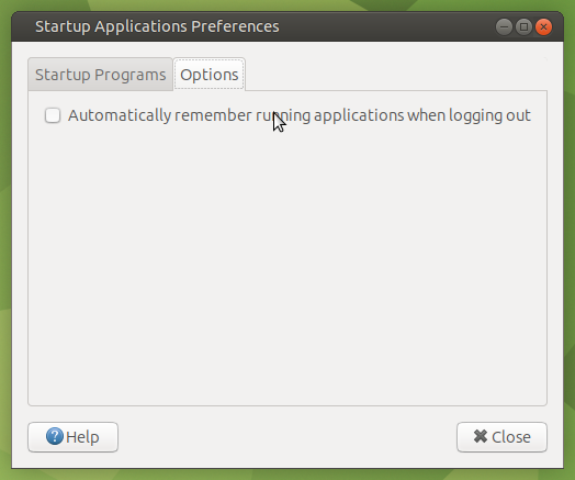 Options tab in Start-up Applications